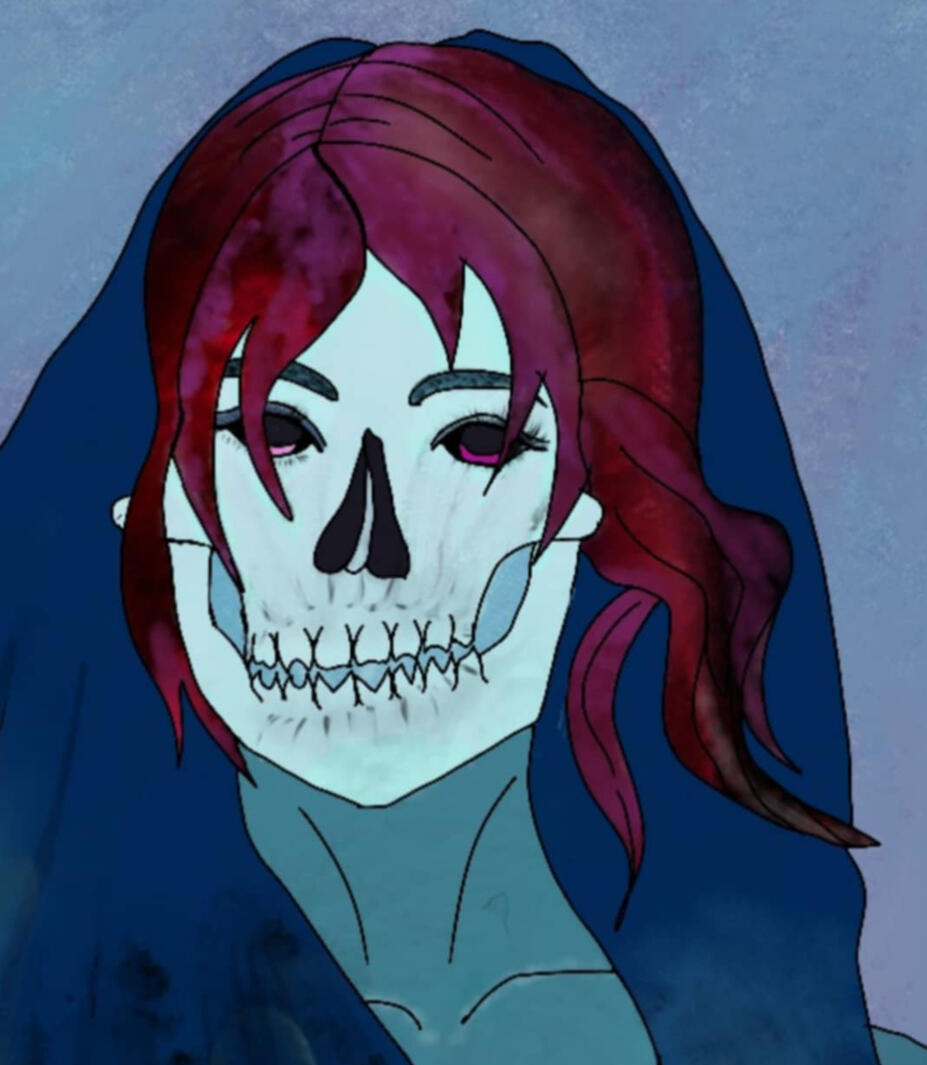 dark crimson red purple hair, dark blue cloak, water background, light blue skull, dark blue green eyebrows, black eyes