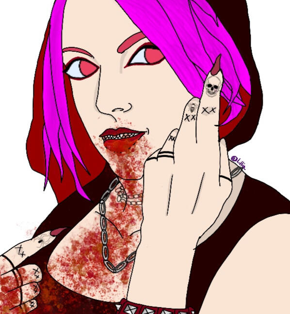 Bright pink hair, light colored skin, desatured red-magenta eyes, bloody lips, skull tattoo and insect tattoo on fingers, dark red nails, black hood, chain necklases, black rings