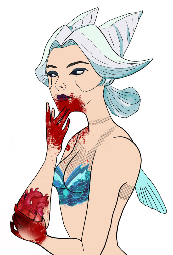 Snow white hair, glowing eyes, light skin, light blue scale top, fishnet on chest area, blood around mouth, fin on back