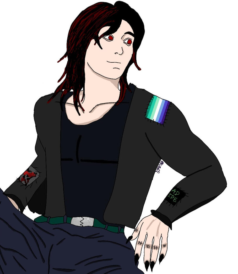 messy short black hair, dark grey shirt, long sleeve punk jacket with a MLM gay flag patch, wolf patch, "dead inside" patch, dark navy blue pants